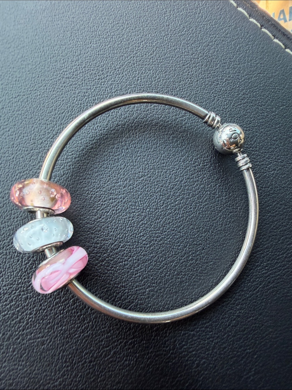 Pandora Silver Bangle with Pink and Clear Glass Charm Beads size small